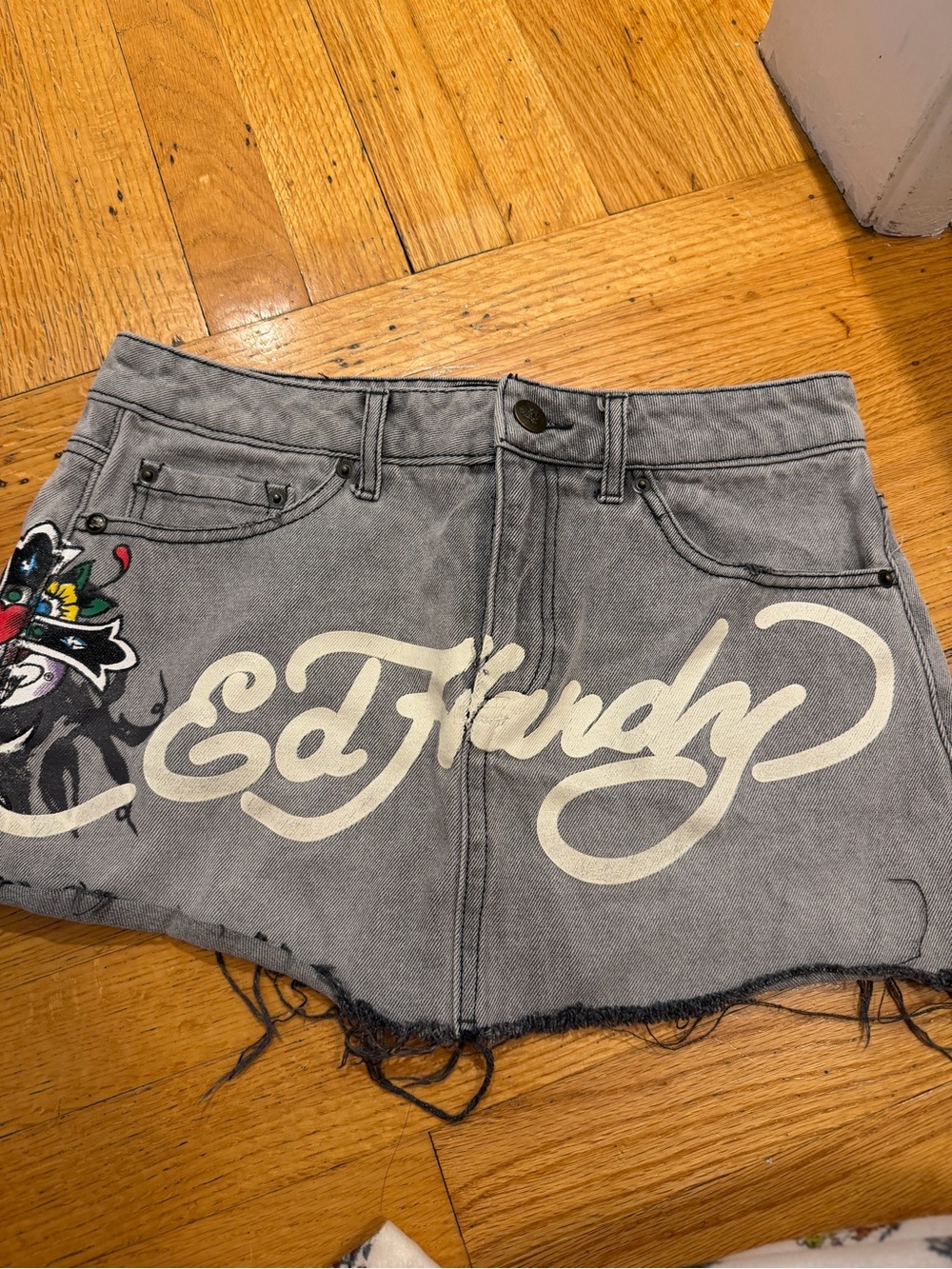 Ed Hardy Gray Denim Mini Skirt with White Logo and Colorful Graphic